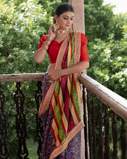 Navy Blue And Red Patolaa Pattern Digital Print Georgette Satin Saree With Premium Lace