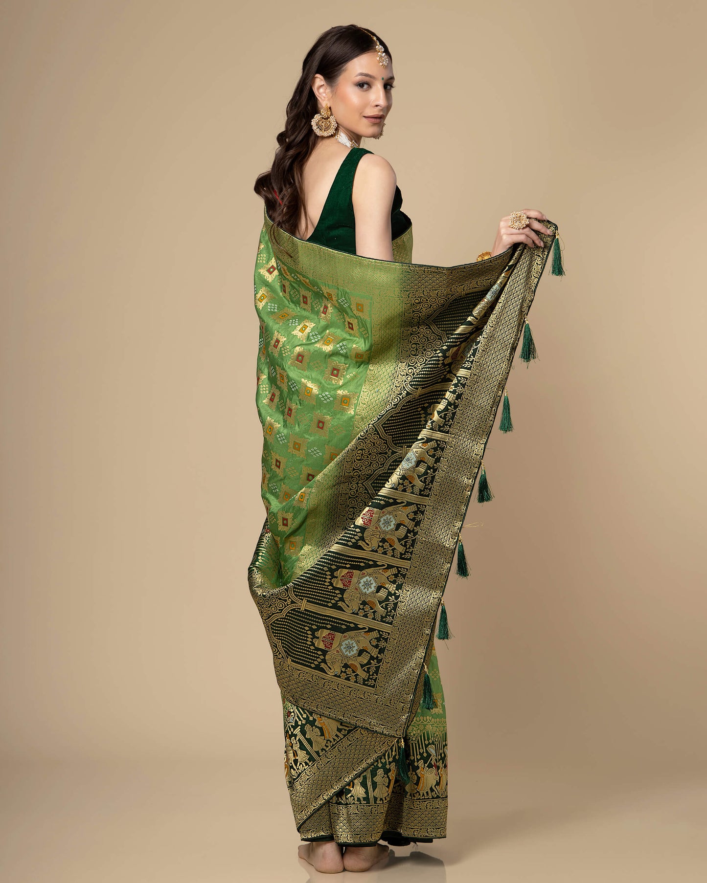 Green Bandhni Golden Jacquard Work Exclusive Gharchola Silk Saree