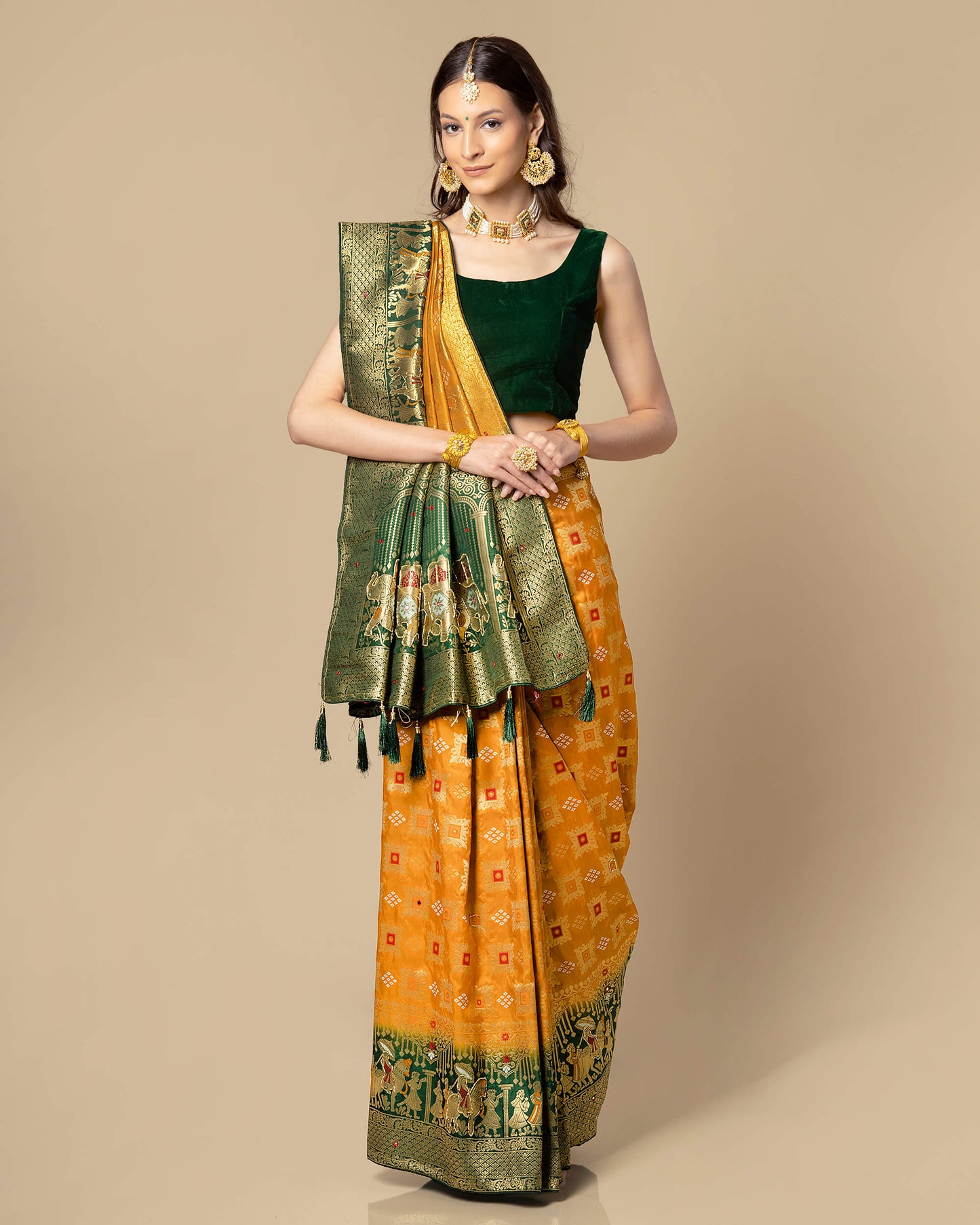 Yellow Traditional Pallu Work With Delica Beads Exclusive Gharchola Silk Saree