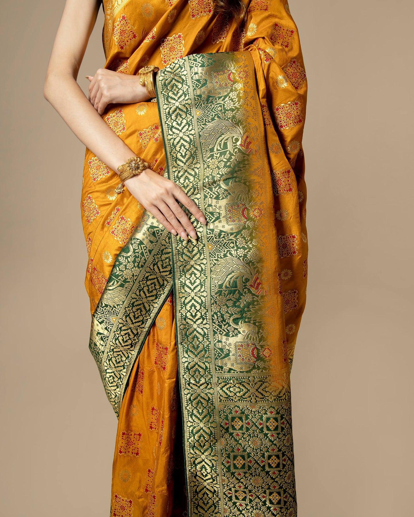 Yellow Traditional Golden Jacquard Work Exclusive Silk Saree
