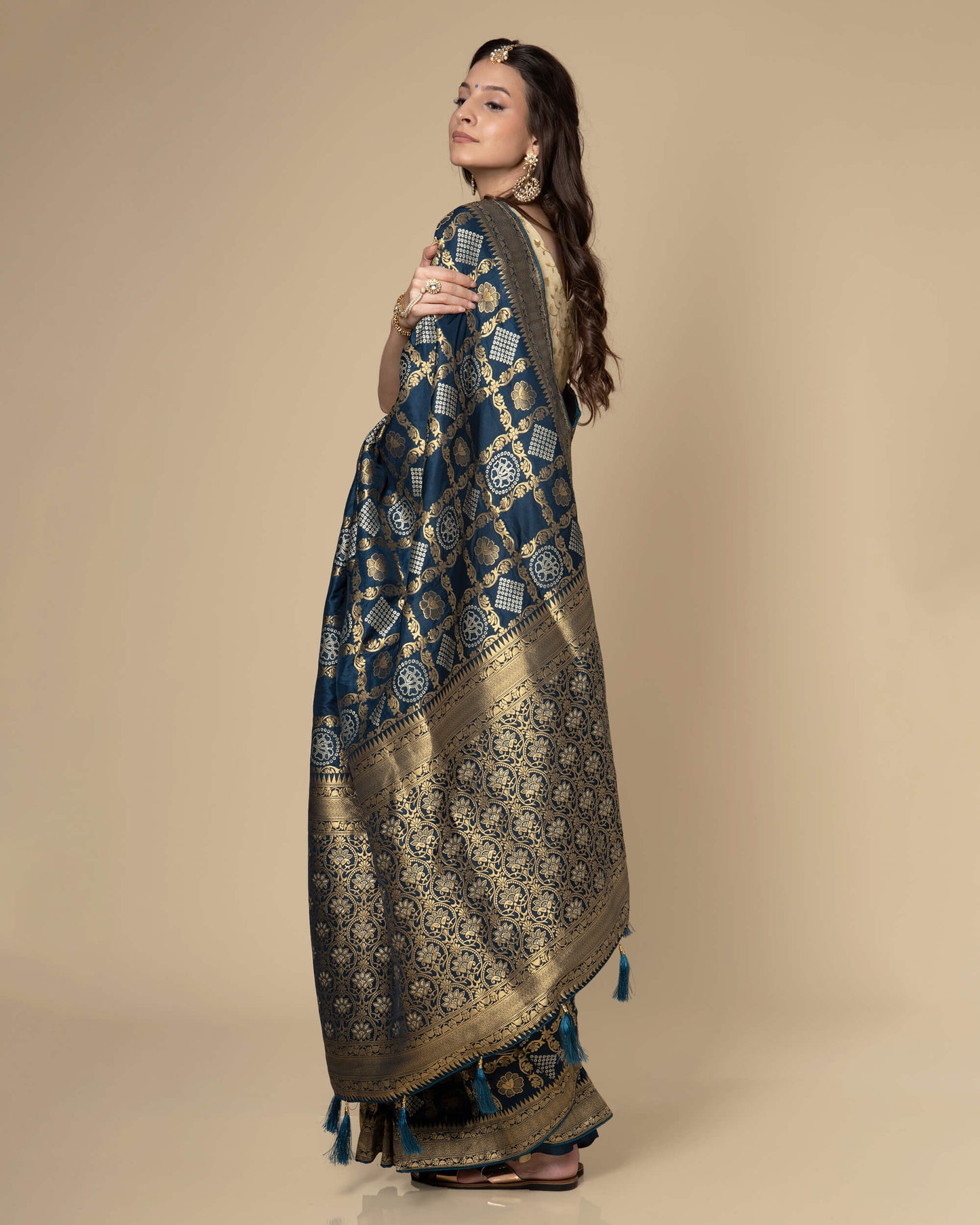 Blue Bandhani Golden Jacquard Work Exclusive Silk Saree