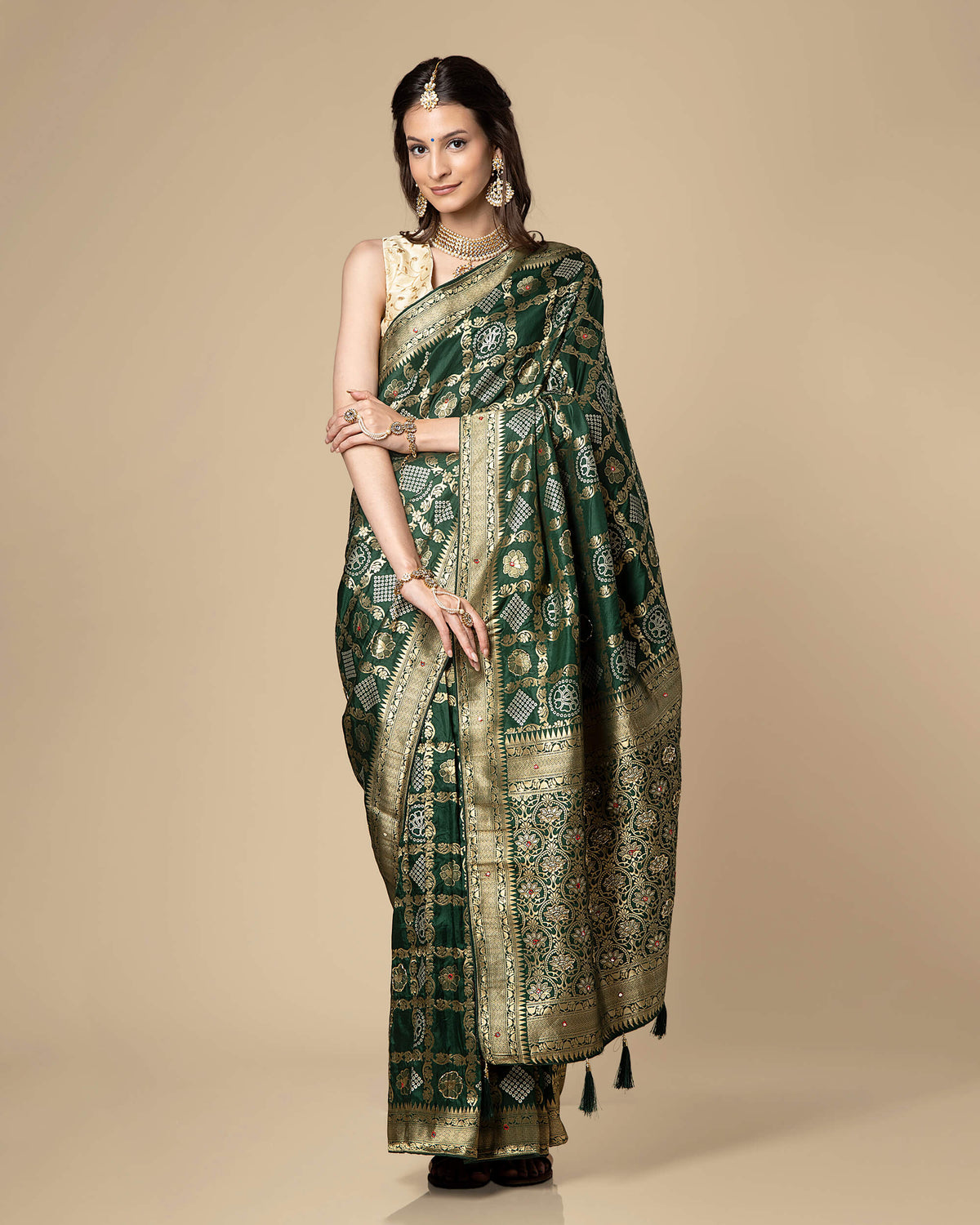 Green Bandhani Golden Jacquard Work with Delica Beads Exclusive Silk Saree