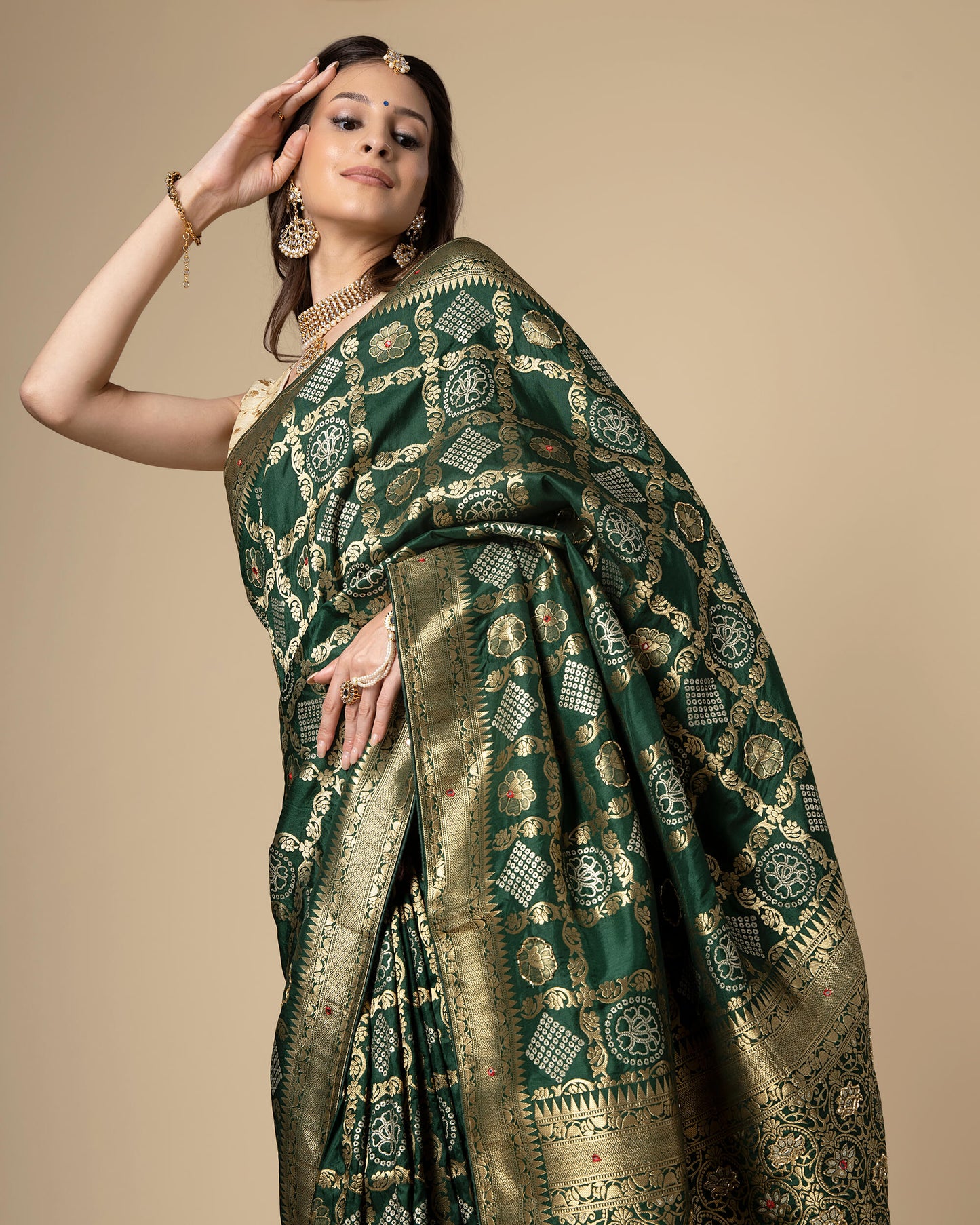 Green Bandhani Golden Jacquard Work with Delica Beads Exclusive Silk Saree