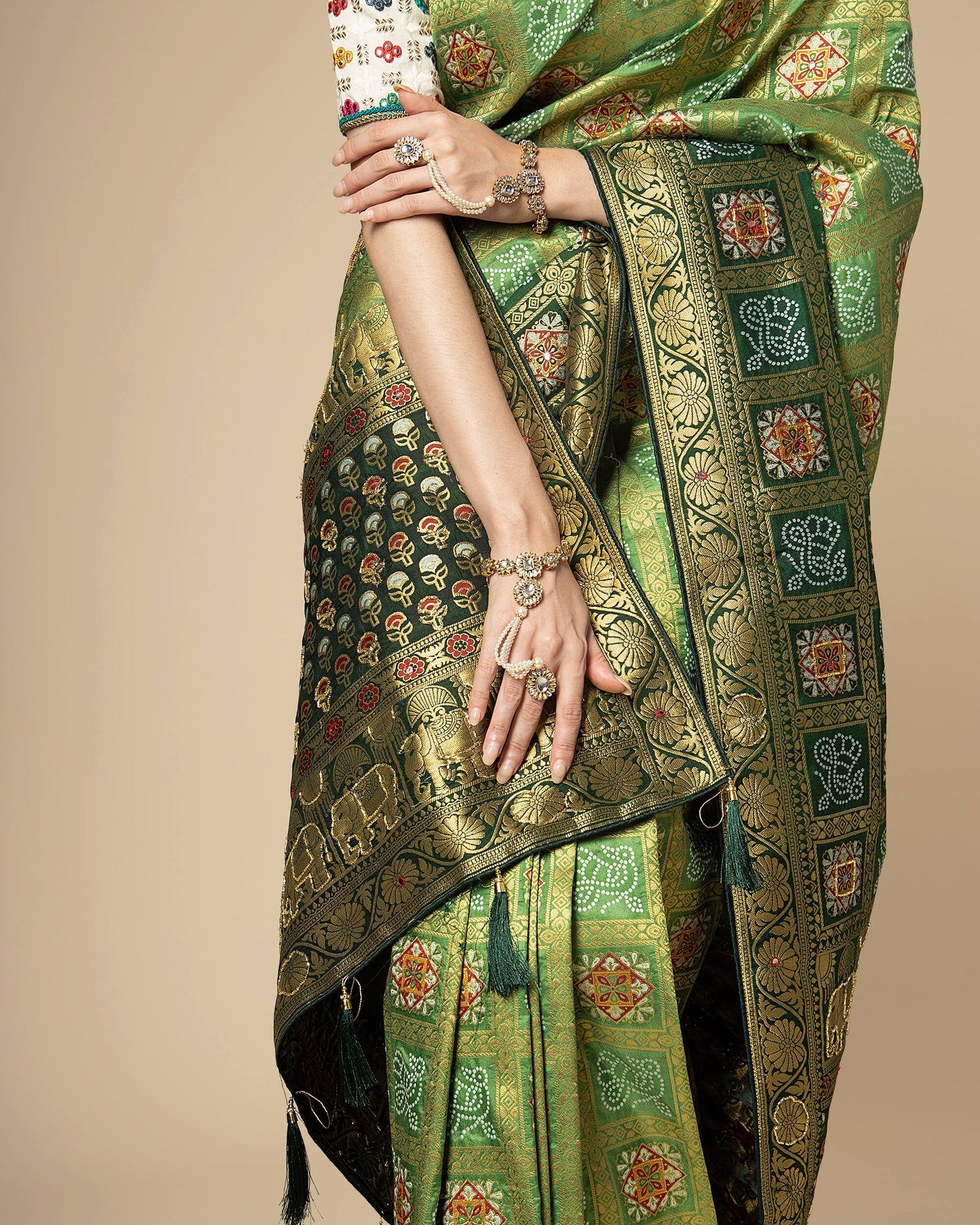 Green Traditional Bandhani Jacquard Work with Delica Beads Exclusive Silk Saree