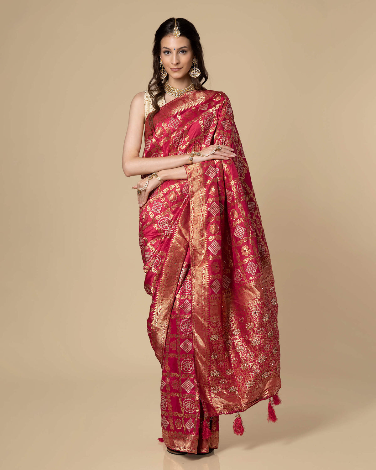 Pink Bandhani Golden Jacquard Work with Delica Beads Exclusive Silk Saree