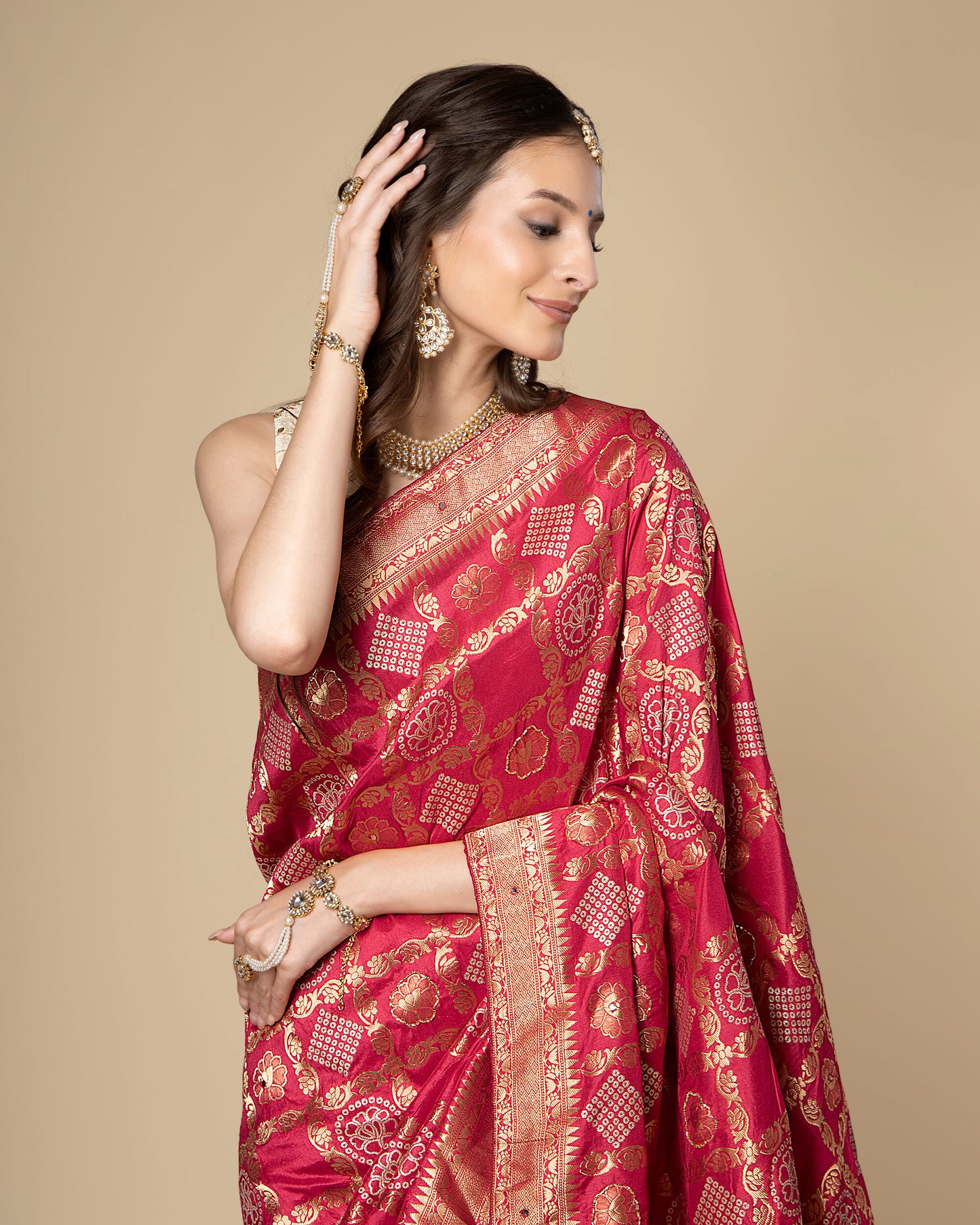 Pink Bandhani Golden Jacquard Work with Delica Beads Exclusive Silk Saree