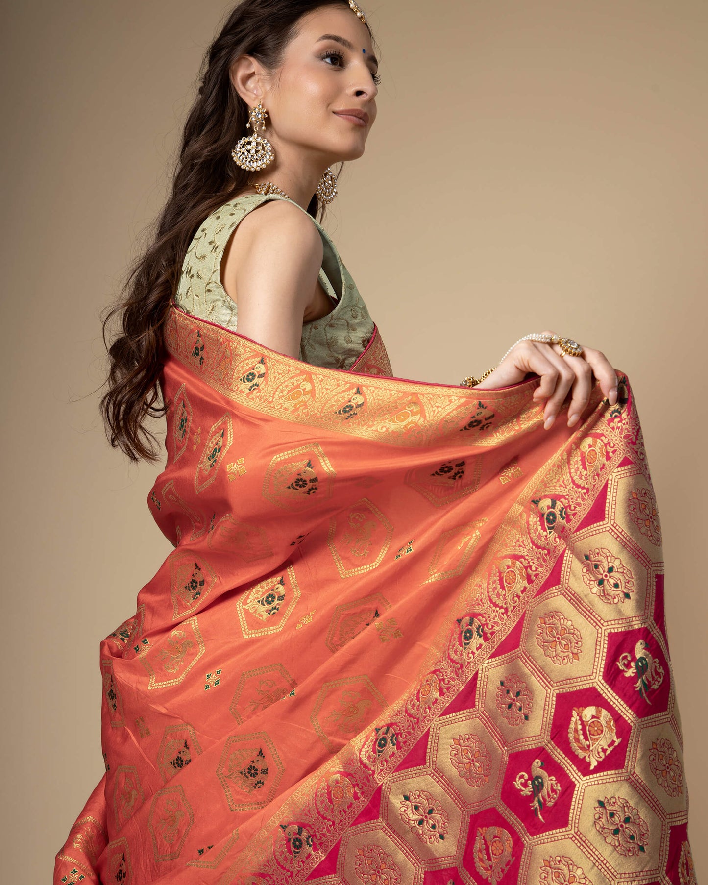 Peach Traditional Golden Pallu Jacquard Work Exclusive Silk Saree