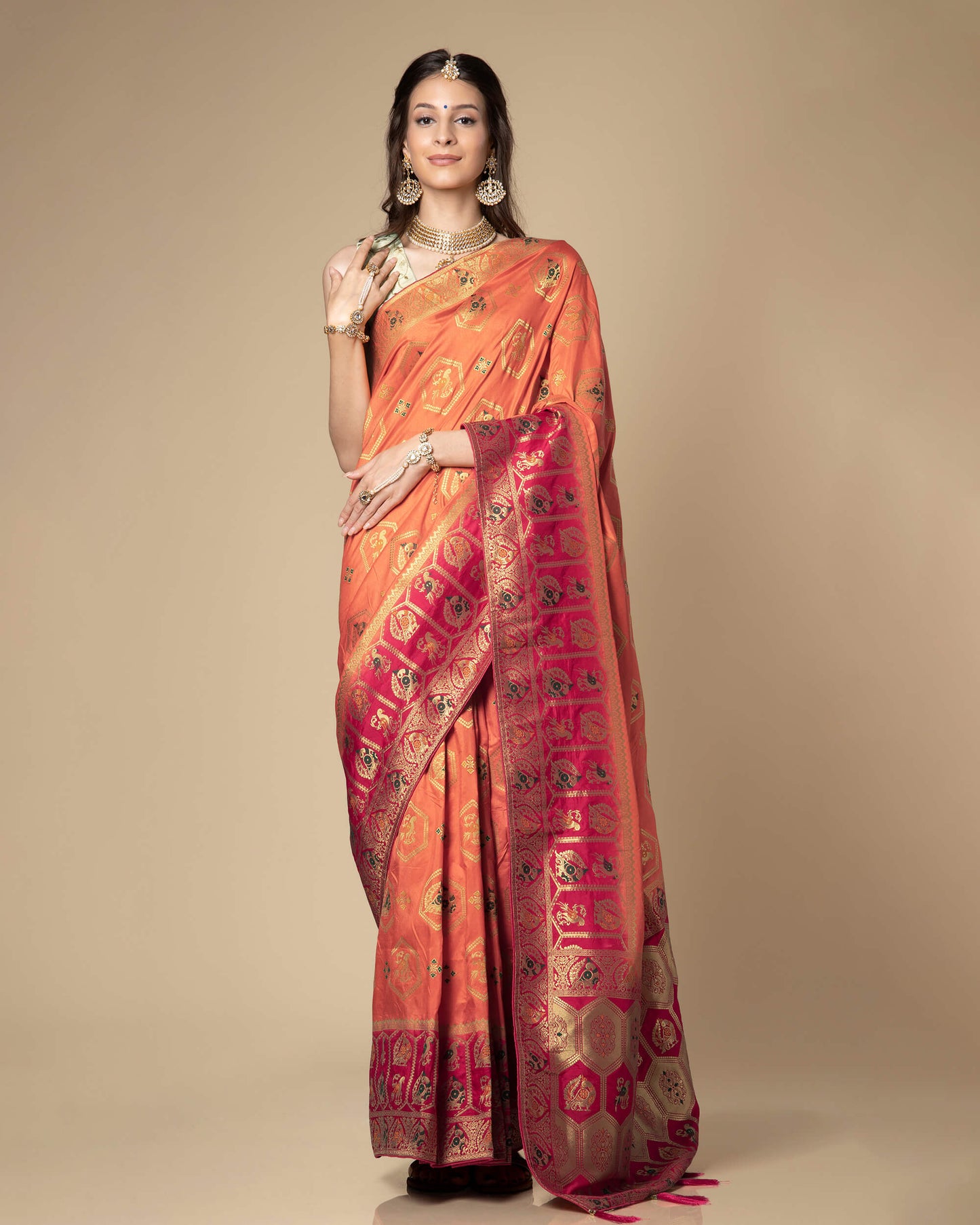 Peach Traditional Golden Pallu Jacquard Work Exclusive Silk Saree