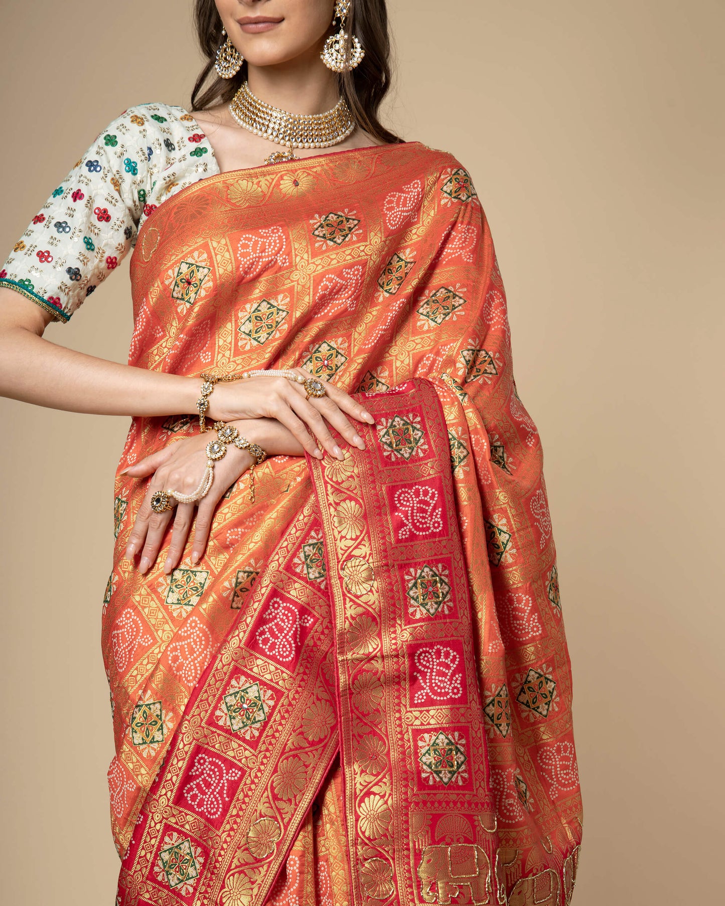 Orange Traditional Bandhani Jacquard Work with Delica Beads Exclusive Silk Saree