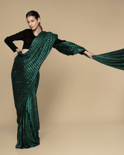 Green Stripes Exclusive Imported Velvet Saree