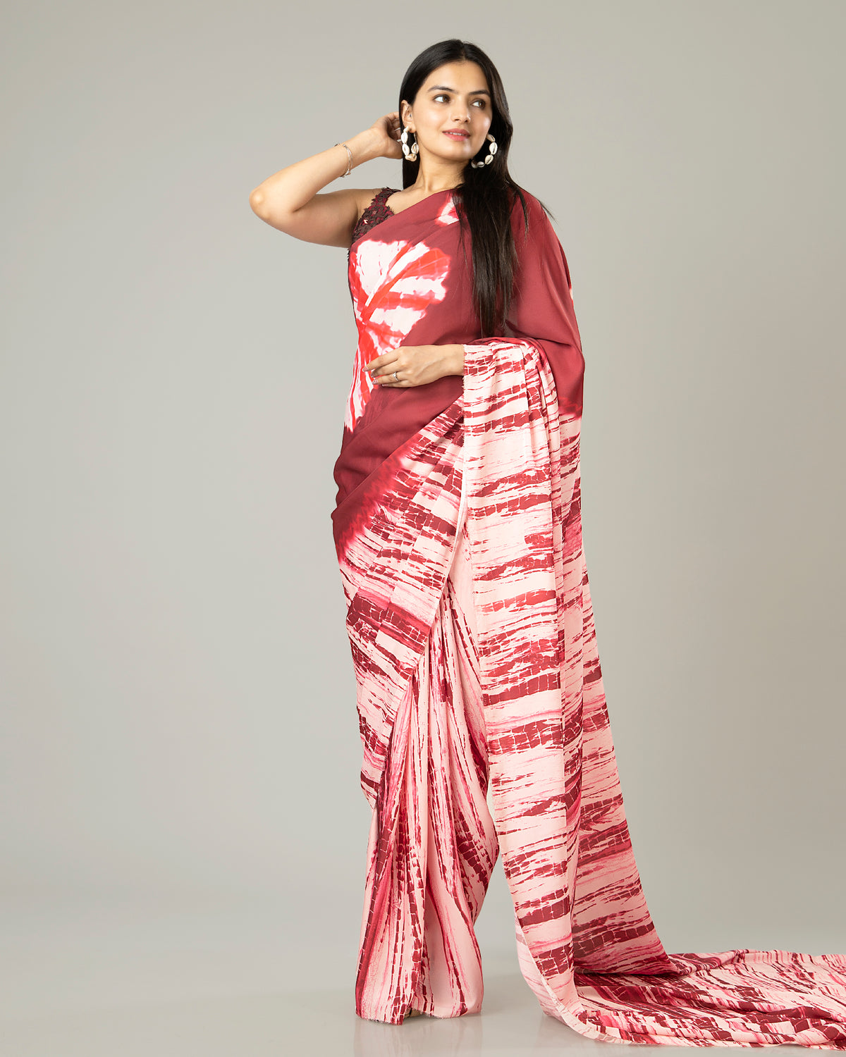 Trendy Wine Red Shiiborii Crepe Silk Saree
