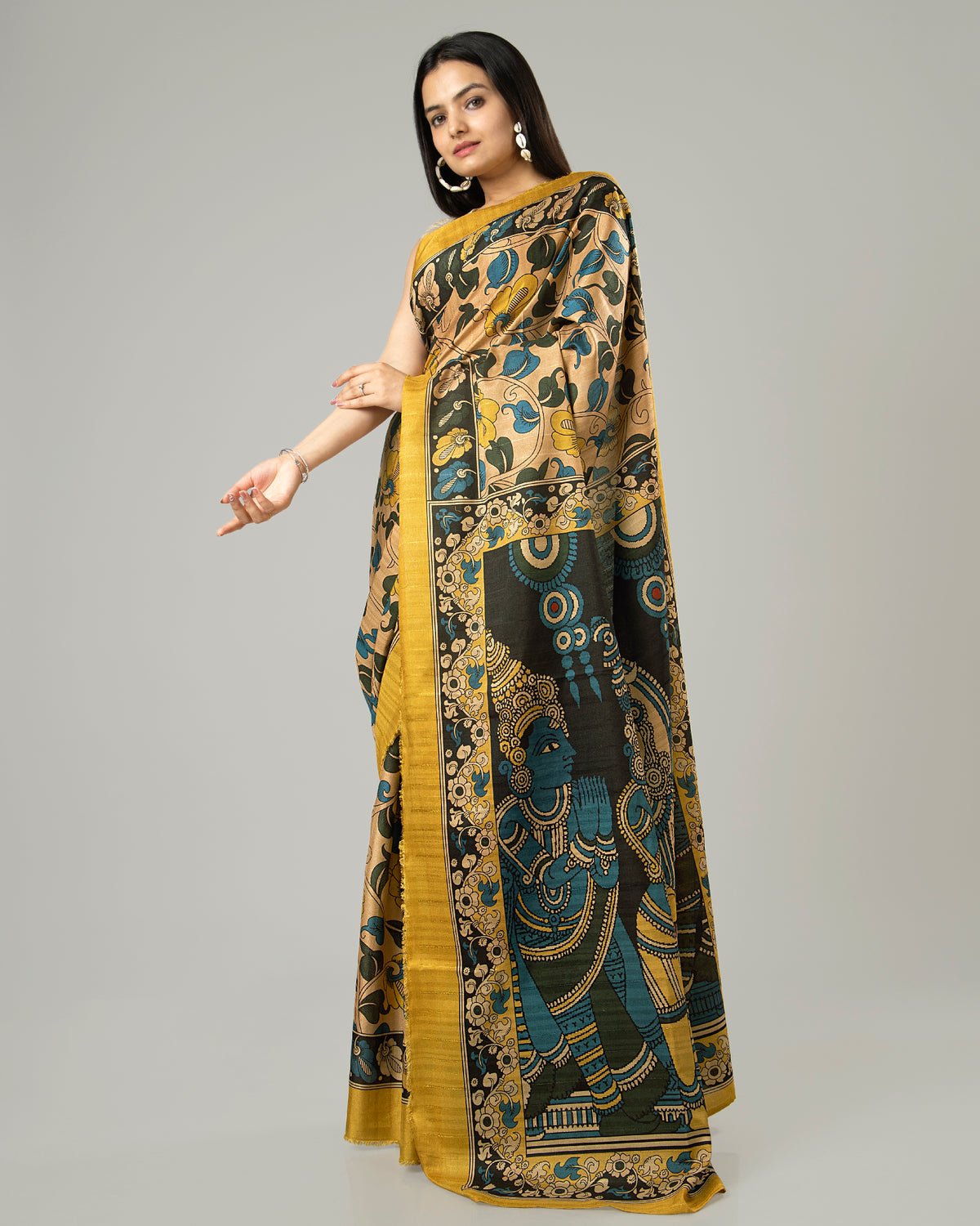 Attractive Mustard Kalamkari Printed Art Tusser Silk Saree