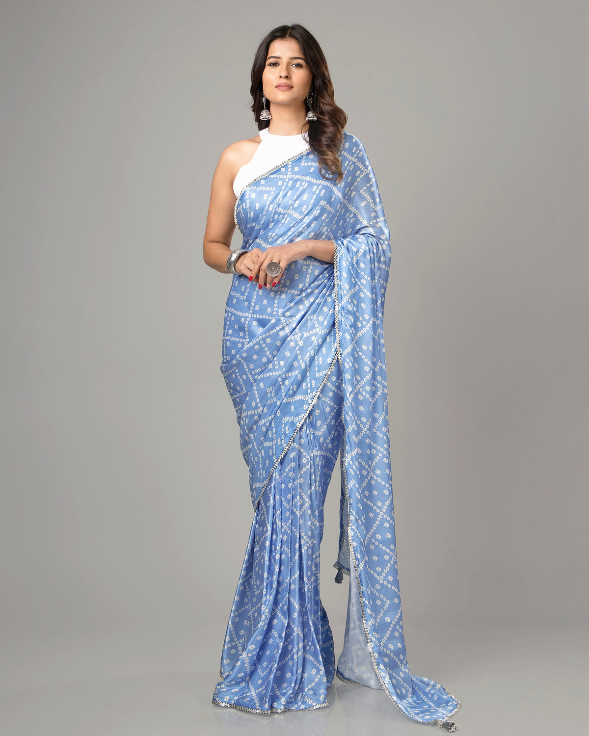 Women'S Chinon Chiffon Foil Printed, Lace, Tassel (Belt) Saree With  Unstitched Blouse Piece