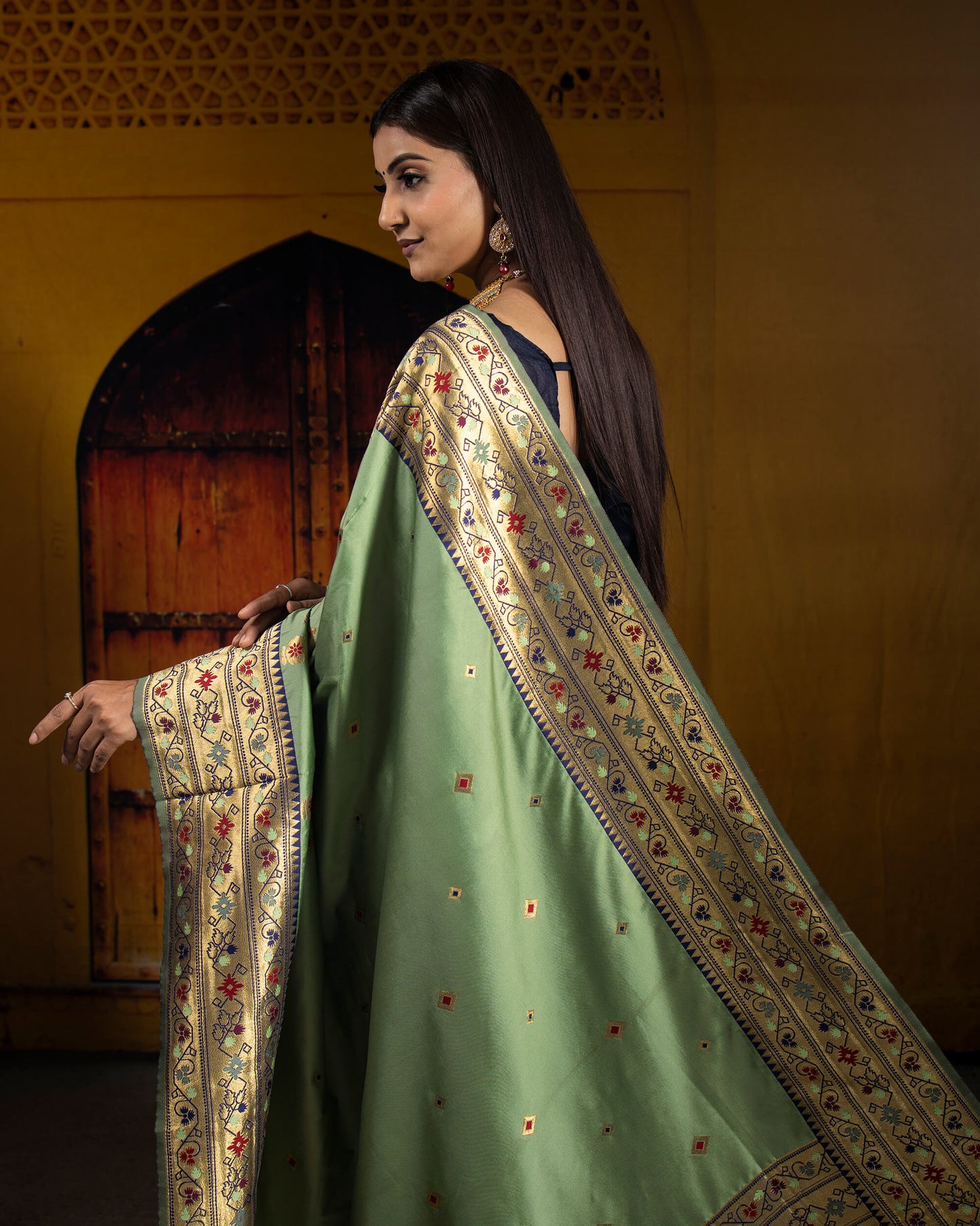 Sage Green And Navy Blue Pethni Pattern Zari Jacquard Bordered Premium Banarasi Silk Saree With Blouse