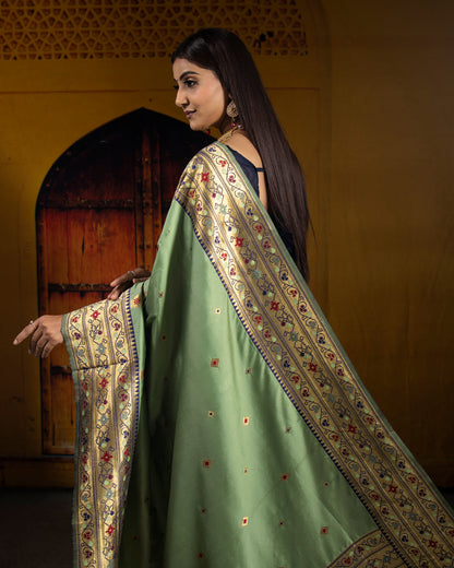 Sage Green And Navy Blue Pethni Pattern Zari Jacquard Bordered Premium Banarasi Silk Saree With Blouse