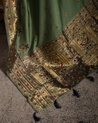 Sage Green And Navy Blue Pethni Pattern Zari Jacquard Bordered Premium Banarasi Silk Saree With Blouse