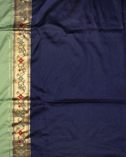 Sage Green And Navy Blue Pethni Pattern Zari Jacquard Bordered Premium Banarasi Silk Saree With Blouse