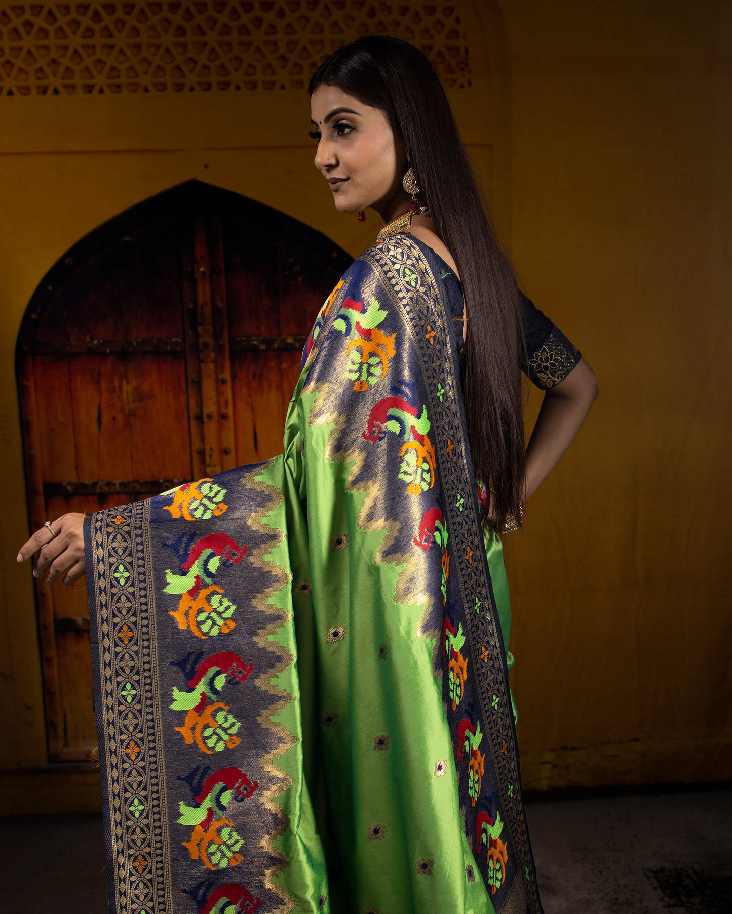 Parakeet Green And Navy Blue Booti Pattern Zari Jacquard Bordered Premium Banarasi Silk Saree With Blouse