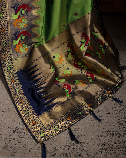 Parakeet Green And Navy Blue Booti Pattern Zari Jacquard Bordered Premium Banarasi Silk Saree With Blouse