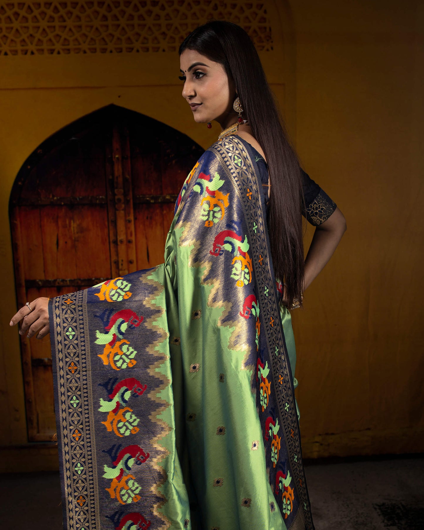 Sage Green And Navy Blue Booti Pattern Zari Jacquard Bordered Premium Banarasi Silk Saree With Blouse