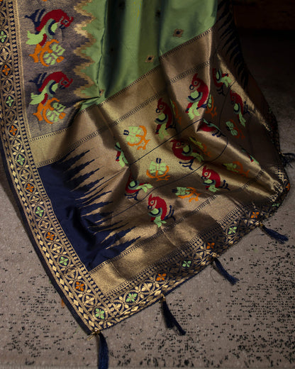 Sage Green And Navy Blue Booti Pattern Zari Jacquard Bordered Premium Banarasi Silk Saree With Blouse