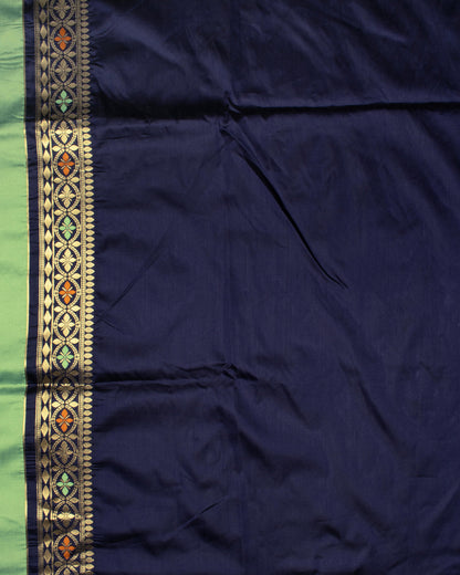 Sage Green And Navy Blue Booti Pattern Zari Jacquard Bordered Premium Banarasi Silk Saree With Blouse