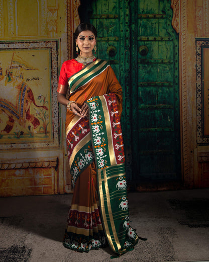 Saddle Brown And Green Patolaa Pattern Zari Jacquard Bordered Premium Banarasi Silk Saree
