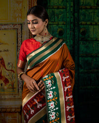 Saddle Brown And Green Patolaa Pattern Zari Jacquard Bordered Premium Banarasi Silk Saree