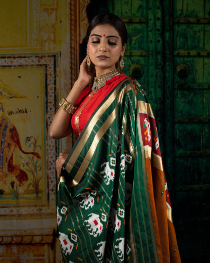 Saddle Brown And Green Patolaa Pattern Zari Jacquard Bordered Premium Banarasi Silk Saree
