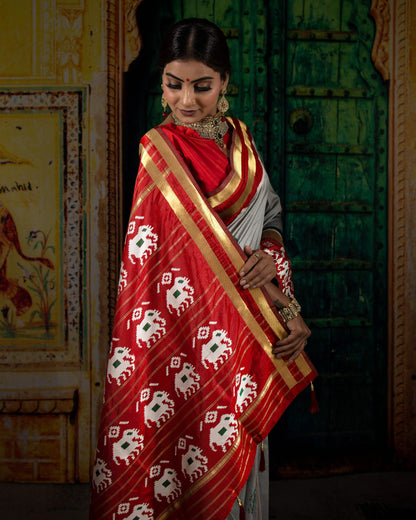 Dolphin Grey And Maroon Patolaa Pattern Zari Jacquard Bordered Premium Banarasi Silk Saree