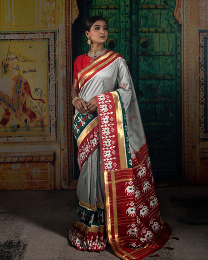 Dolphin Grey And Maroon Patolaa Pattern Zari Jacquard Bordered Premium Banarasi Silk Saree