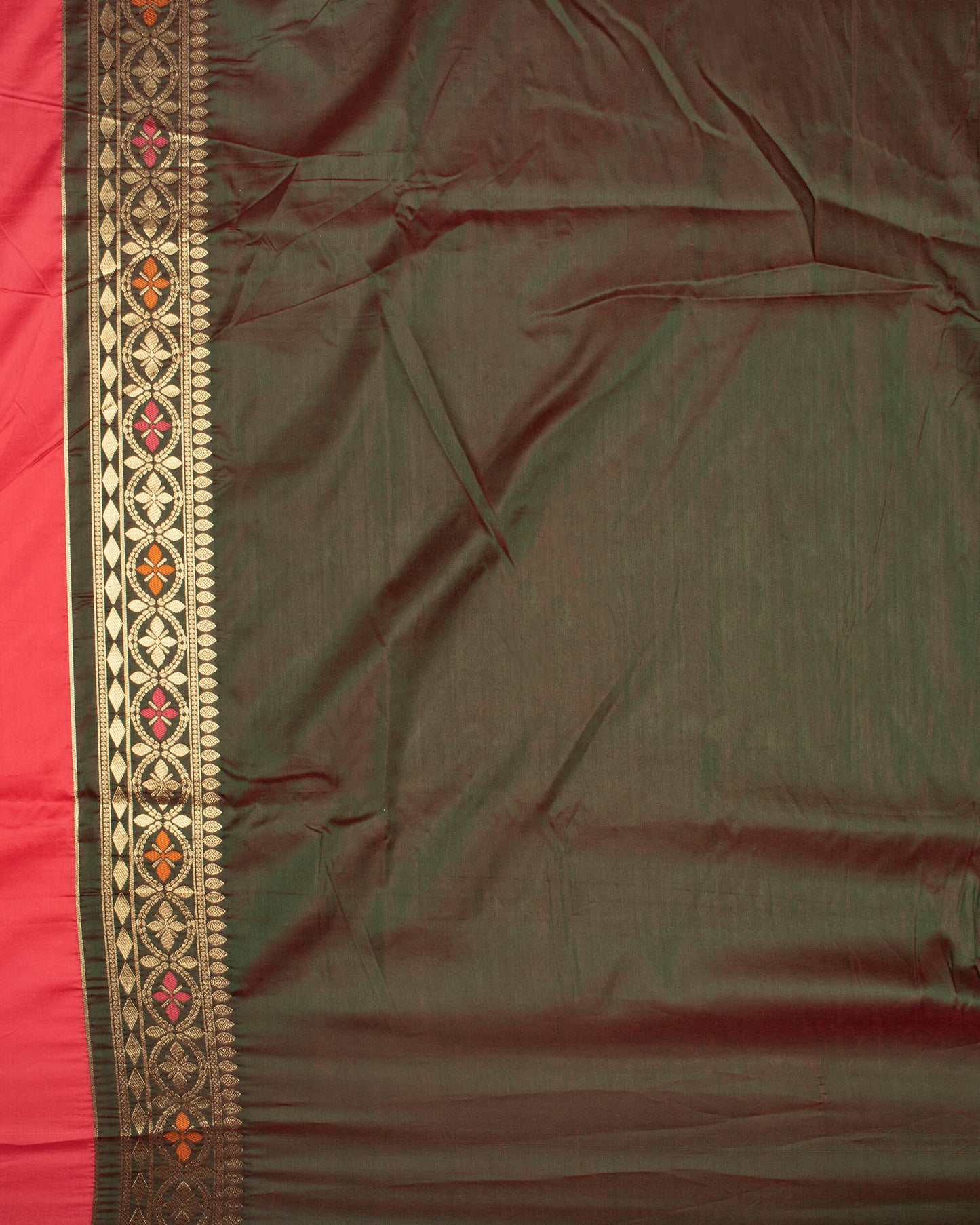 Rouge Pink And Army Green Booti Pattern Zari Jacquard Bordered Premium Banarasi Silk Saree With Blouse