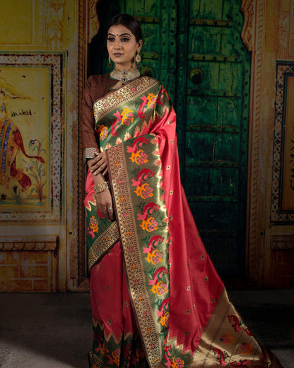 Rouge Pink And Army Green Booti Pattern Zari Jacquard Bordered Premium Banarasi Silk Saree With Blouse