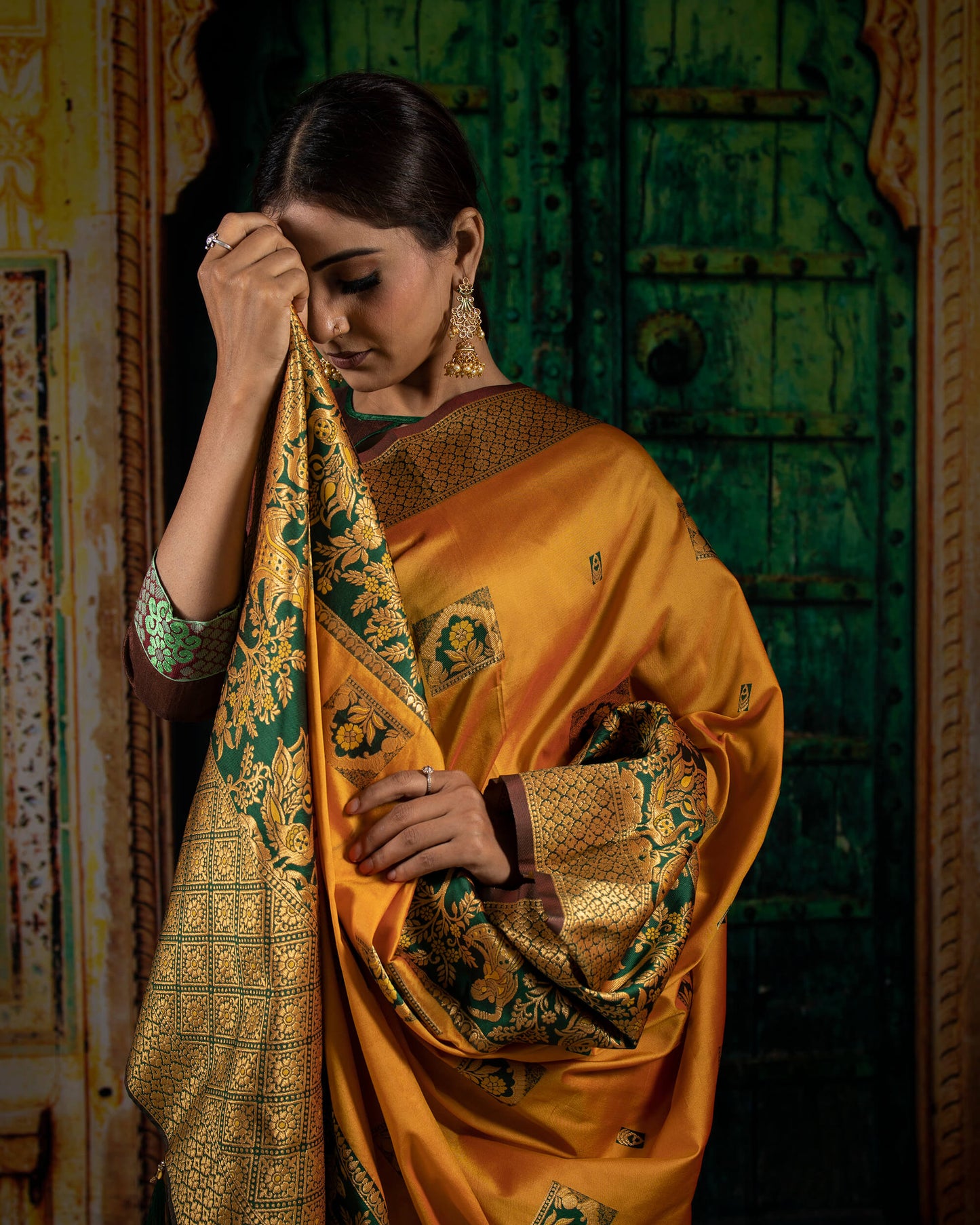 Fire Yellow And Green Floral Pattern Zari Jacquard Bordered Premium Banarasi Silk Saree With Blouse