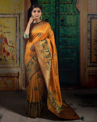 Fire Yellow And Green Floral Pattern Zari Jacquard Bordered Premium Banarasi Silk Saree With Blouse