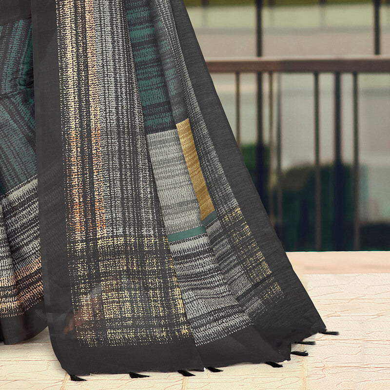 Spruce Blue And Black Stripes Pattern Digital Printed Chanderi Saree With Tassels