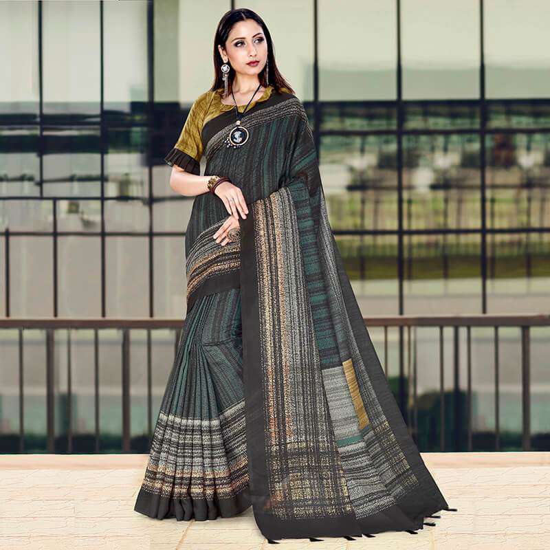 Spruce Blue And Black Stripes Pattern Digital Printed Chanderi Saree With Tassels