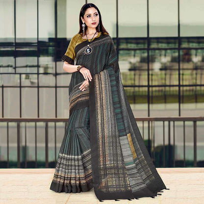 Spruce Blue And Black Stripes Pattern Digital Printed Chanderi Saree With Tassels