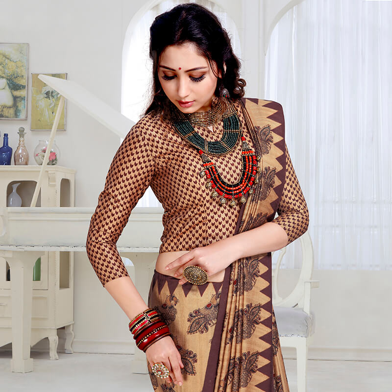 Beige And Dark Brown  Kalamkari Pattern Digital Printed Art Tussar Silk Saree With Tassels