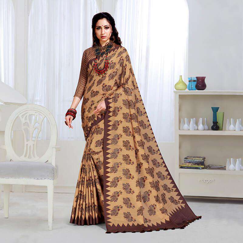 Beige And Dark Brown  Kalamkrii Pattern Digital Printed Art Tussar Silk Saree With Tassels