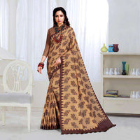 Beige And Dark Brown  Kalamkrii Pattern Digital Printed Art Tussar Silk Saree With Tassels