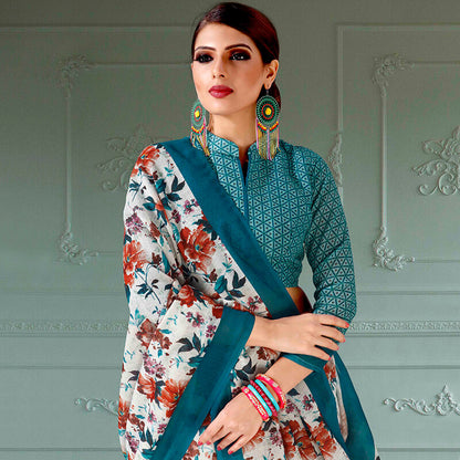 Powder White And Peacock Blue Floral Pattern Digital Printed Linen Textured Saree With Tassels
