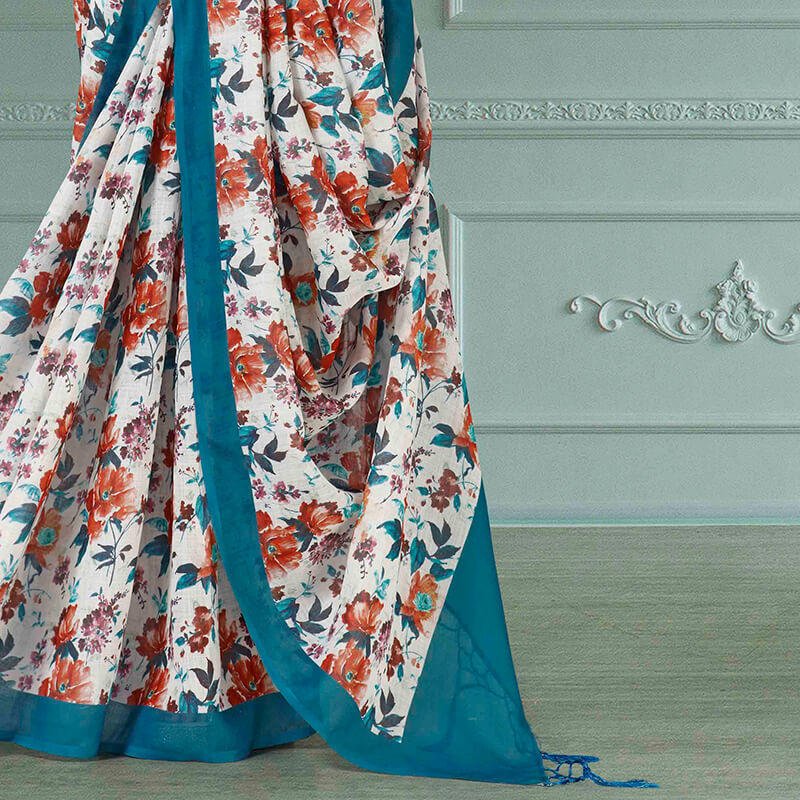 Powder White And Peacock Blue Floral Pattern Digital Printed Linen Textured Saree With Tassels