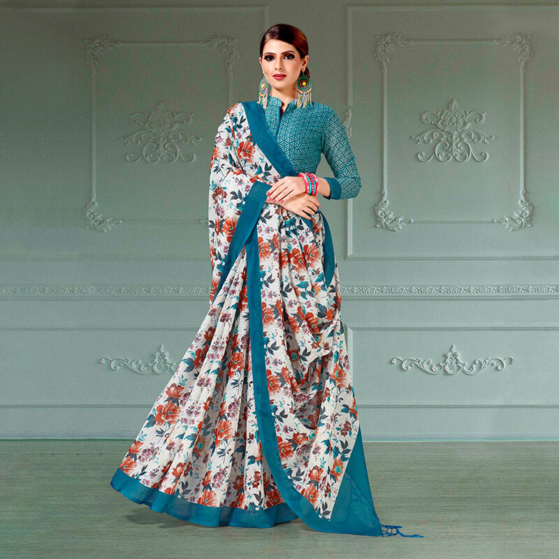 Powder White And Peacock Blue Floral Pattern Digital Printed Linen Textured Saree With Tassels