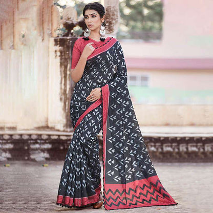 Black And Carmine Red Ikkat Pattern Digital Printed Art Tussar Silk Saree With Tassels