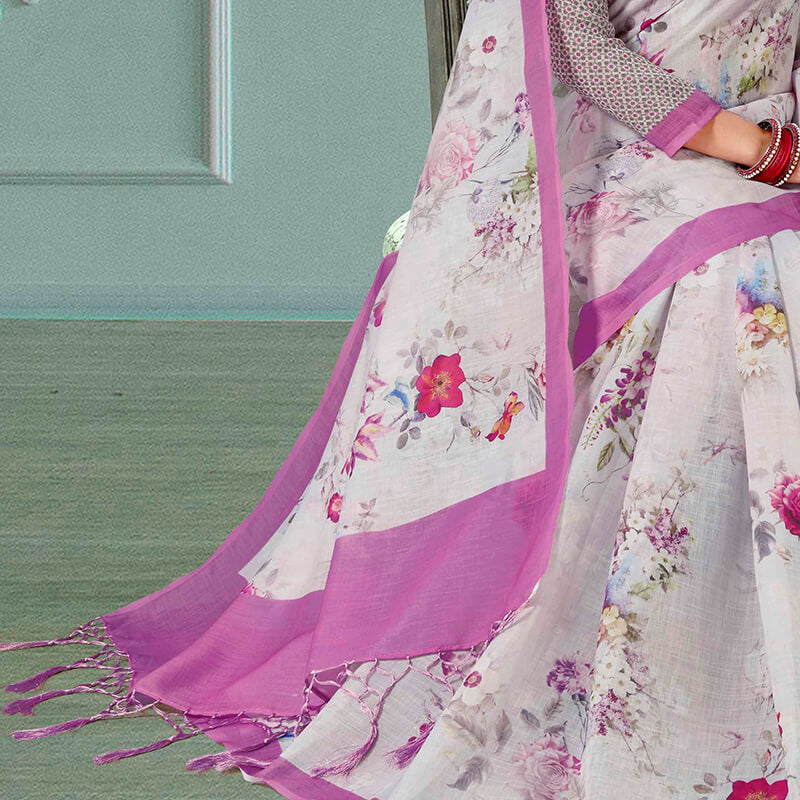 Snow White And Taffy Pink Floral Pattern Digital Printed Linen Textured Saree With Tassels