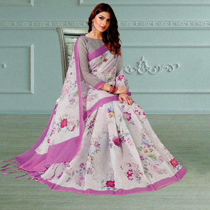 Snow White And Taffy Pink Floral Pattern Digital Printed Linen Textured Saree With Tassels