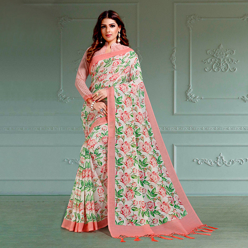 Light Cream And Coral Peach Floral Pattern Digital Printed Linen Textured Saree With Tassels - Fabcurate