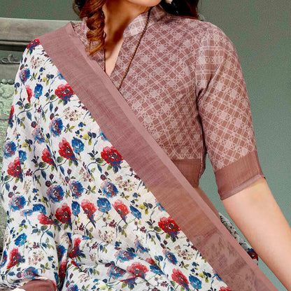 Snow White And Umber Brown Floral Pattern Digital Printed Linen Textured Saree With Tassels