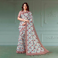 Snow White And Umber Brown Floral Pattern Digital Printed Linen Textured Saree With Tassels